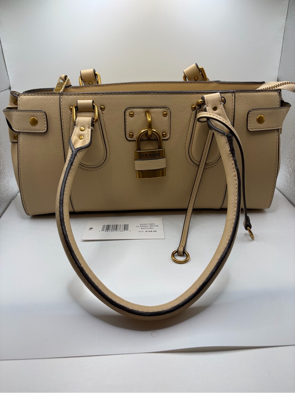 Steve Madden Cream Leather Satchel/Shoulder Bag with Gold Padlock